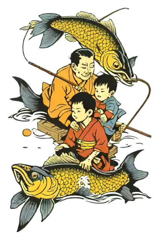 a father and a son fishing togeter  tattoo design idea