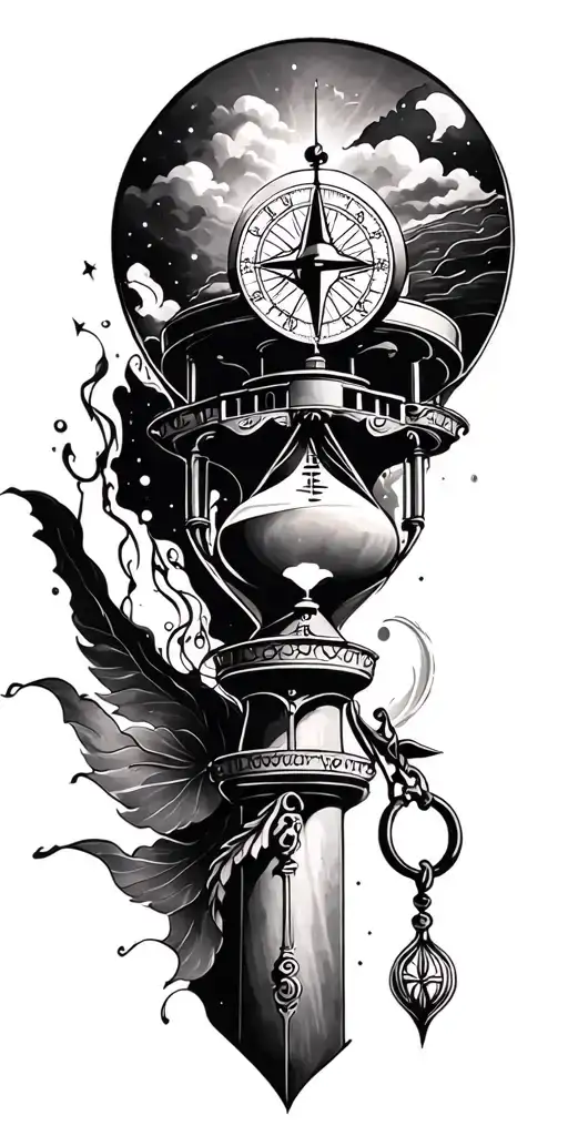 hourglass, lighthouse, compass tattoo design idea
