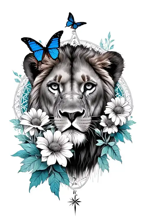 Lioness face coming from behind flowers with a blue butterfly, mandala in background with a broken compass  tattoo design idea