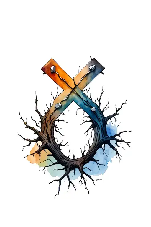 Rustic strength cross merging with tree of life with 3 nails with crown of thorns near roots  tattoo design idea