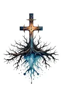 Rustic strength cross merging with tree of life with 3 nails with crown of thorns near roots  tattoo design idea