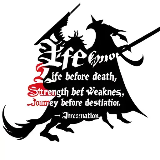 Knight of Honor with quote "Life before death, Strength before Weakness, Journey before Destination" tattoo design idea
