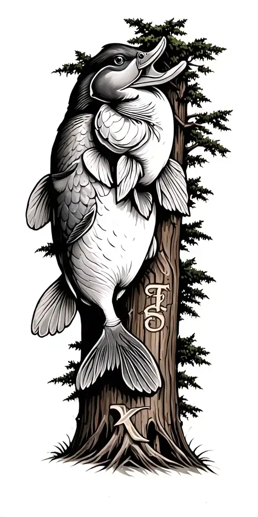 theme - outdoors with bass fishing, duck hunting, and a tree with initials carved in it. There should also be wooden cro tattoo design idea