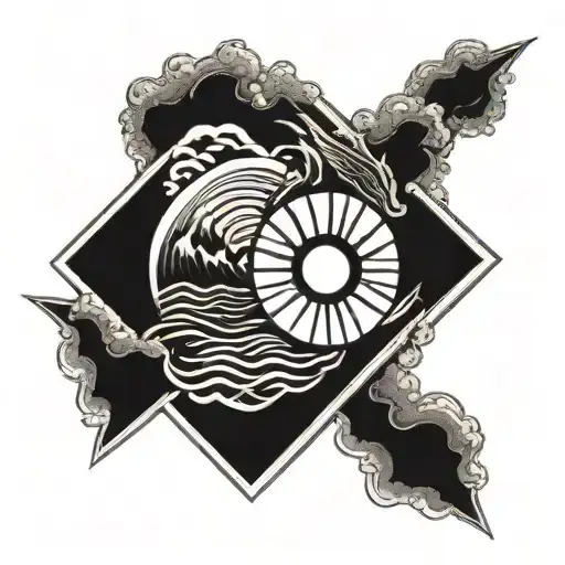 sun in a rhombus with the sun's rays and the sea waves tattoo design idea