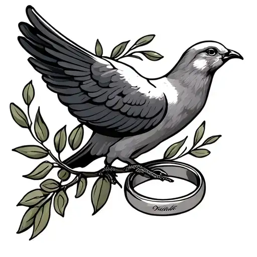 Dove with olive branch and wedding rings intertwined tattoo design idea