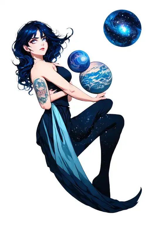 a woman with dark blue sling with a galaxy themed hair and white eyes holding an unknown planet tattoo design idea