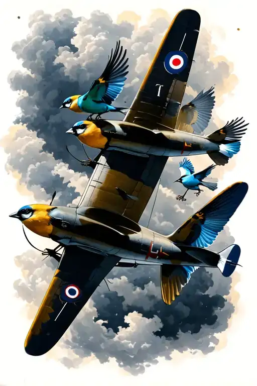 spitfire plane and multiple blue tit birds flying with each other tattoo design idea