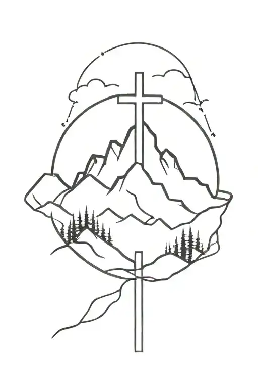 cross with mountains inside tattoo design idea