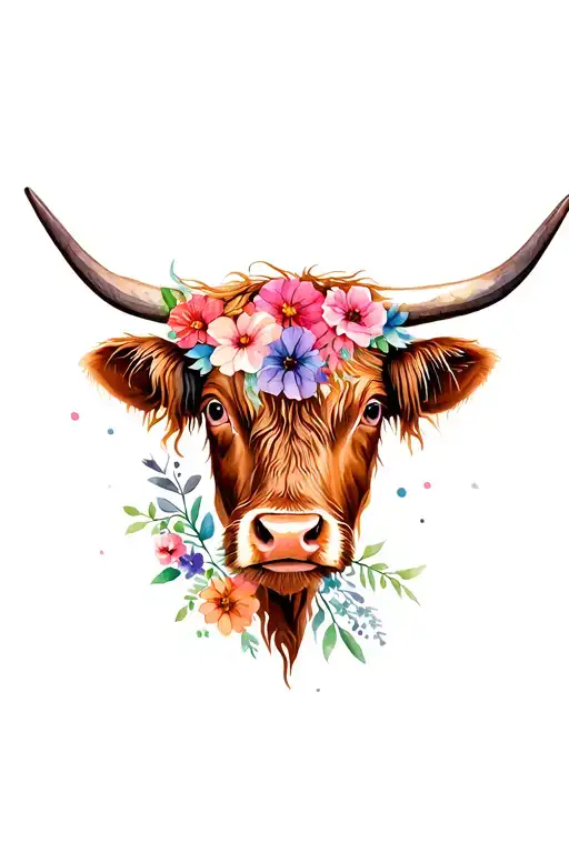 Highland cow head with flowers intertwined tattoo design idea