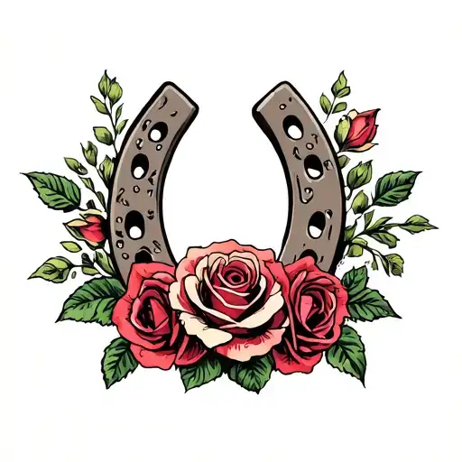 A horseshoe surrounded by rose surrended tattoo design idea