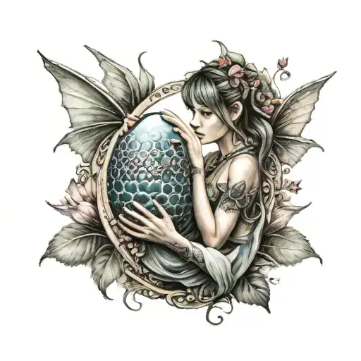 Fairy holding a dragon egg tattoo design idea