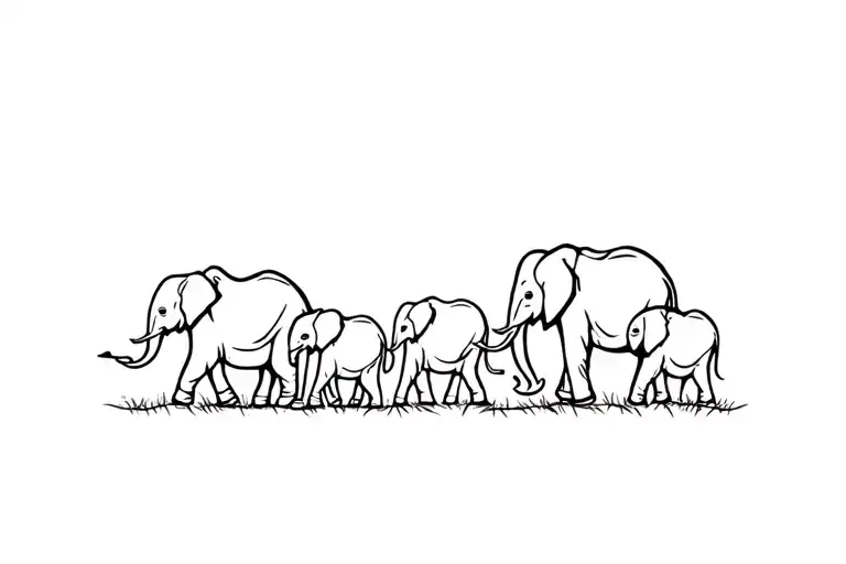 family of 6 and 4 children elephants walking tattoo design idea