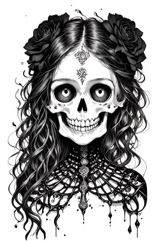 skeleton and girl with hollow eyes surrounded tattoo design idea