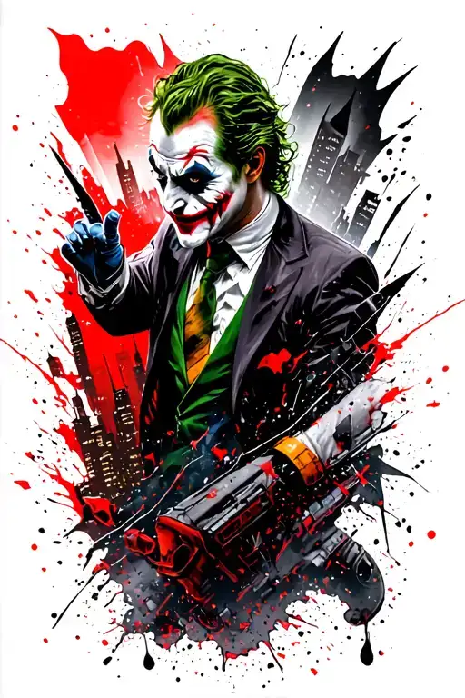 Joker Chaos Scene Escaping Batman in Gotham City skyline tattoo design idea