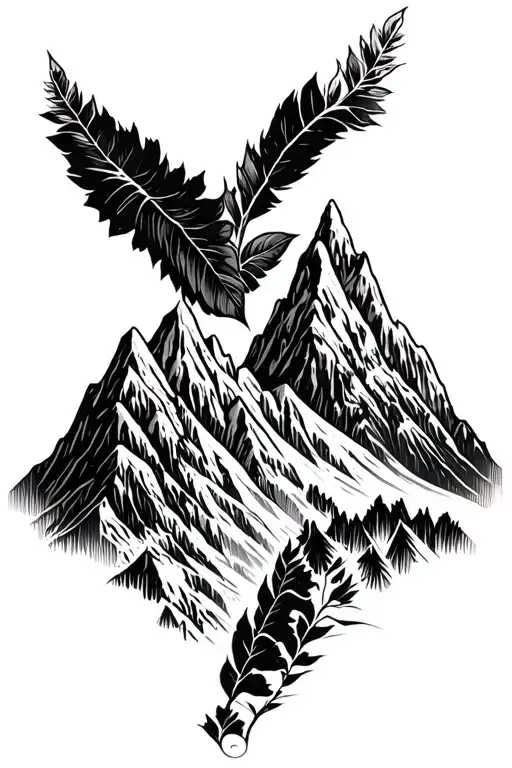 mountain range with coca leaves blowing and pachamama spiral tattoo design idea