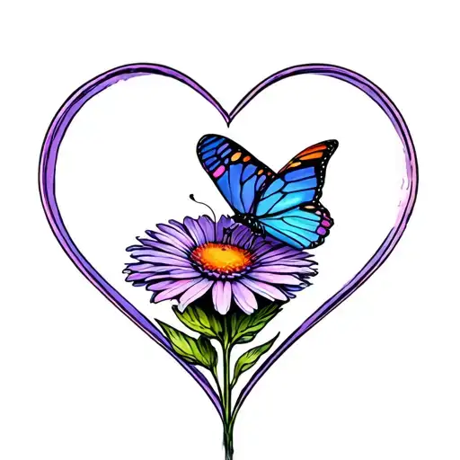 aster flower for into heart shape with butterfly resting tattoo design idea