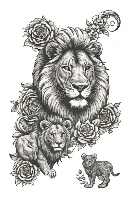 lion and 2 cubs, mandala, flowers tattoo design idea