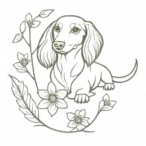long-haired dachshund in flowers tattoo design idea