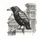 A crow perched on Roman architecture with titties hidden in the background tattoo design idea
