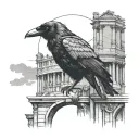 A crow perched on Roman architecture with titties hidden in the background tattoo design idea