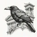A crow perched on Roman architecture with titties hidden in the background tattoo design idea