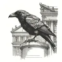 A crow perched on Roman architecture with titties hidden in the background tattoo design idea
