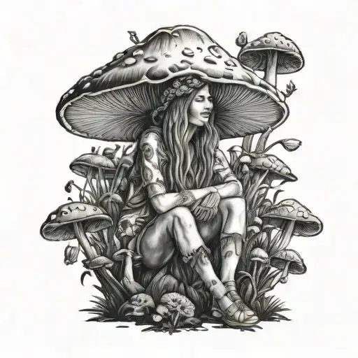 hippie girl sitting on top of mushroom growing tattoo design idea
