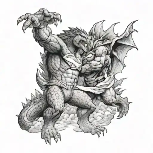 Godzilla and Superman fighting demons tattoo design idea
