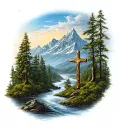 Nature with trees a river and a mountain with a cross  tattoo design idea