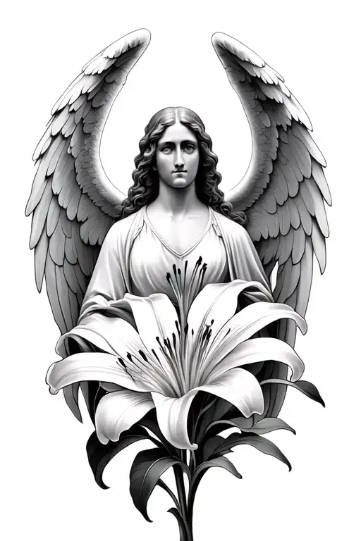  angel Gabriel, and stargazer lily in full bloom tattoo design idea