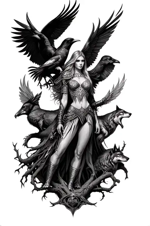 Valkyrie warrior with crows wolves and world tree tattoo design idea