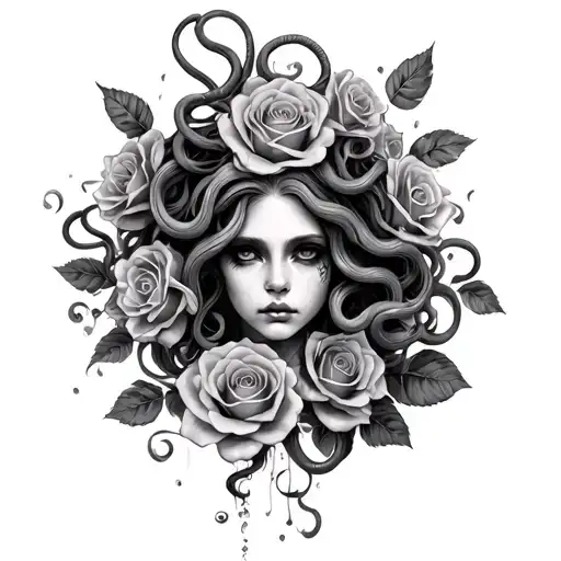 messy realistic Medusa with roses blooming tattoo design idea
