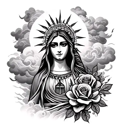 Guadalupe with clouds and roses tattoo design idea