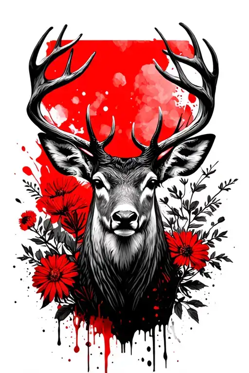 deer head, wildflowers in the background black and white tattoo design idea