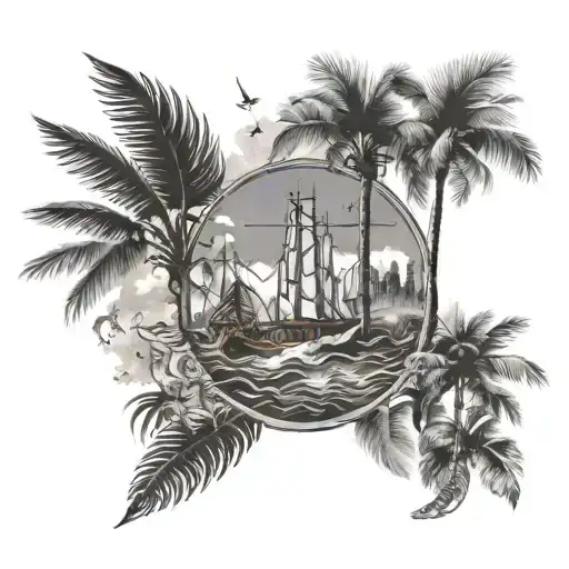sleeve tattoo with jerusalem cross, filipino outrigger with palm trees tattoo design idea