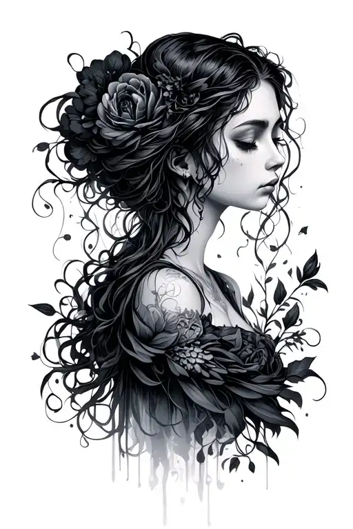 A dark solemn, mysterious feminine figure—represents forgotten places, memories.  embodies sorrow, stillness, grief tattoo design idea