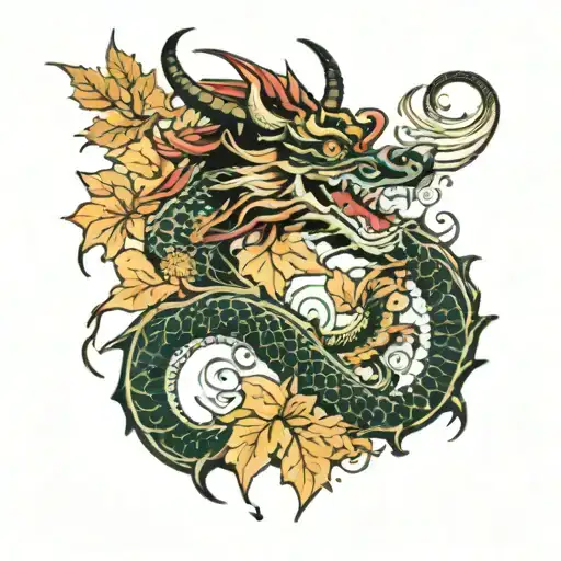 Japanese full back dragon, cherry blossom, wave, maple leaf tattoo design idea
