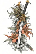 Chinese sword surrounded with spider red lilies wrapped tattoo design idea