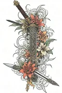 Chinese sword surrounded with spider red lilies wrapped tattoo design idea