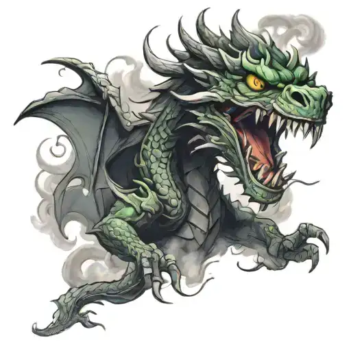 a too headed black dragon with green eyes emerging from a cave with smoke in it  tattoo design idea