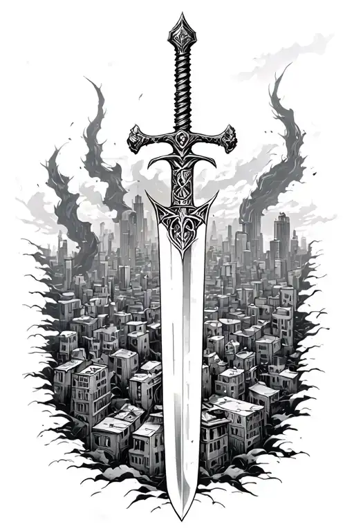a giant sword destroying a city  tattoo design idea