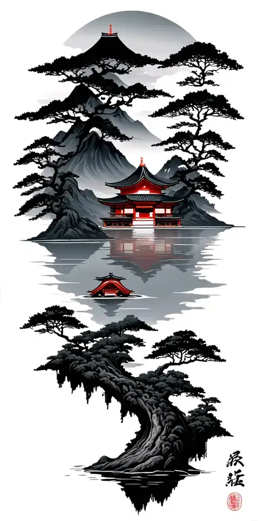 Japanese mountain lake and temple scenery tattoo design featuring tattoo design idea