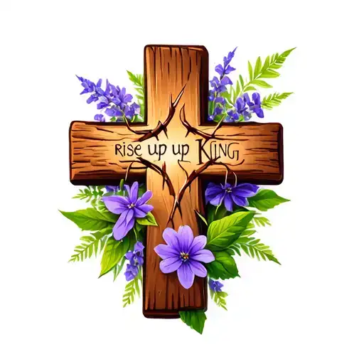 realistic wooden cross with thorns and a tiny violet flower, words rise up king, western style  tattoo design idea