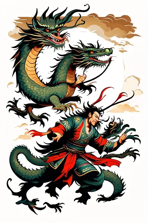 samurai fighting a dragon flying tattoo design idea