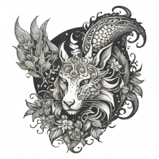 A tattoo design of a mythical creature inspired by fantasy movies, surrounded by nature elements and poetry verses tattoo design idea