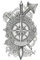 Viking, thors hammer, axe, world tree, Nordic compass rose surrounded tattoo design idea