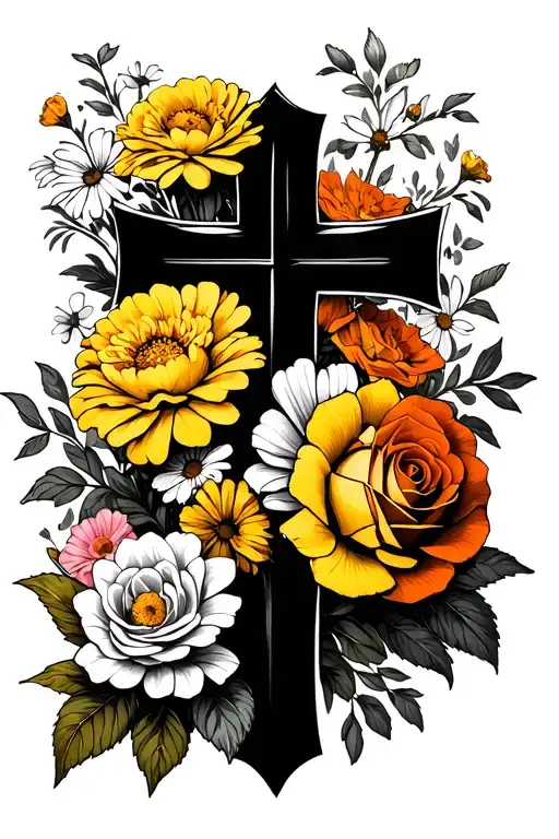 black cross, yellow, carnations, white, daisy's, pink rose's, and orange marigolds tattoo design idea