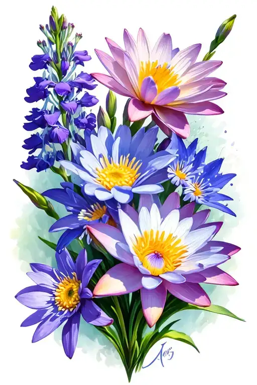 white daisy, larkspur, water lily, and a gladiolous flowers tattoo design idea