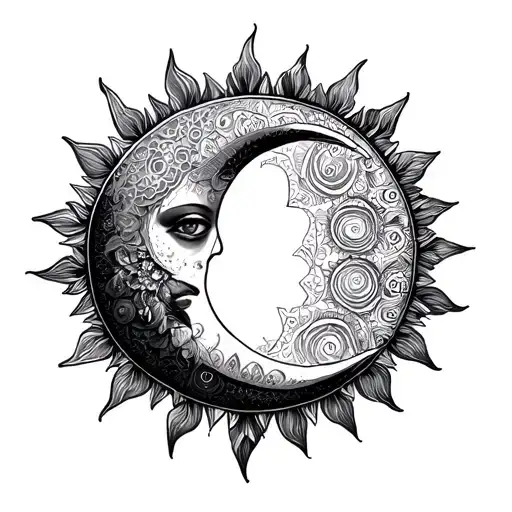 A tattoo of a sun and moon with intricate mandala patterns inside tattoo design idea