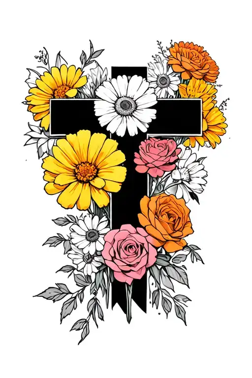black cross, yellow, carnations, white, daisy's, pink rose's, and orange marigolds line drawing flowers  tattoo design idea